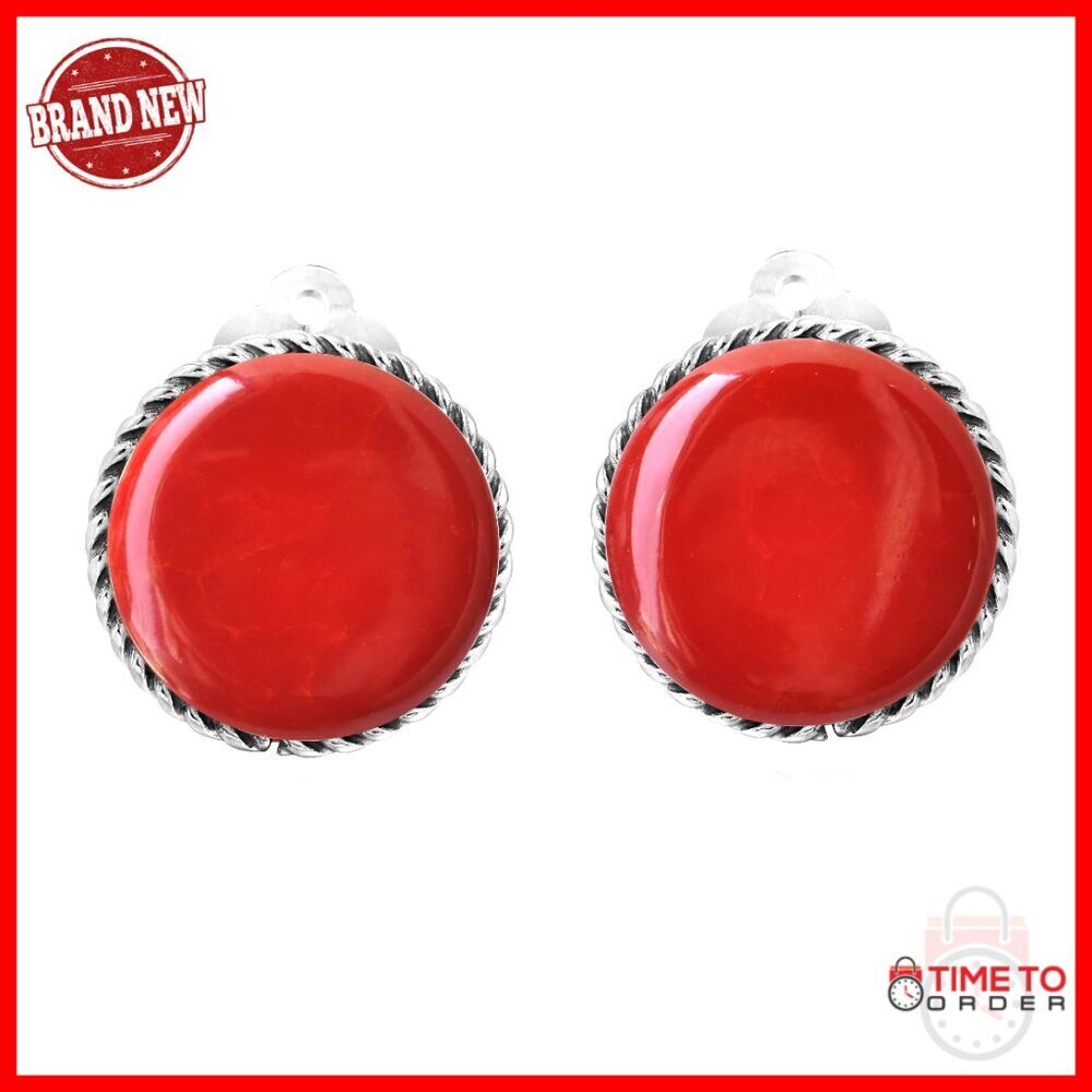 Sterling Silver Clip-On Earrings 18mm Round Button Coral Shell Accents
